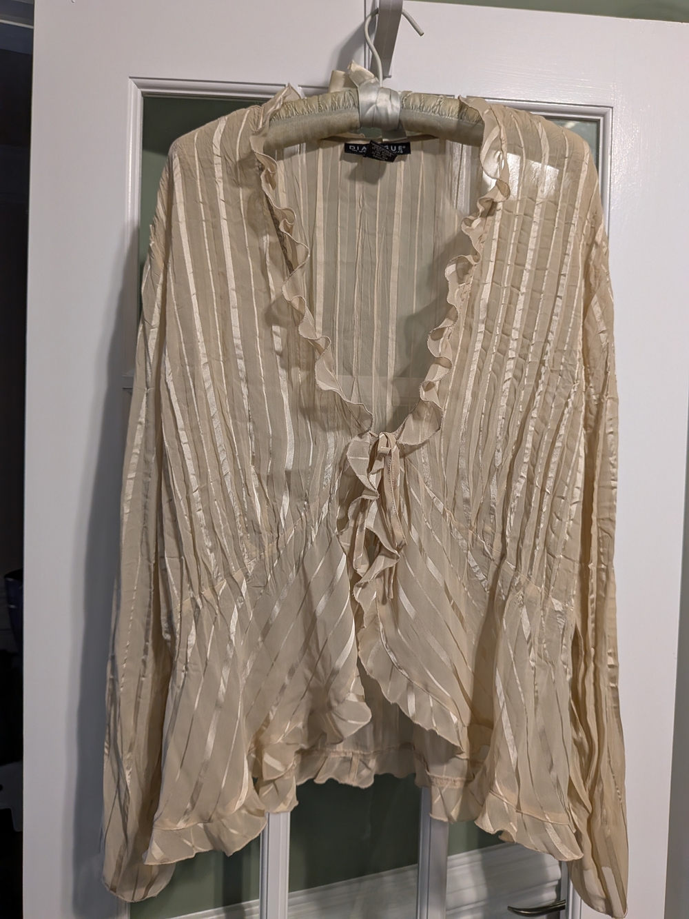 Y2K Whimsigoth Sheer Striped Fairycore Blouse Cream Gold Ruffle Tie Front 2X